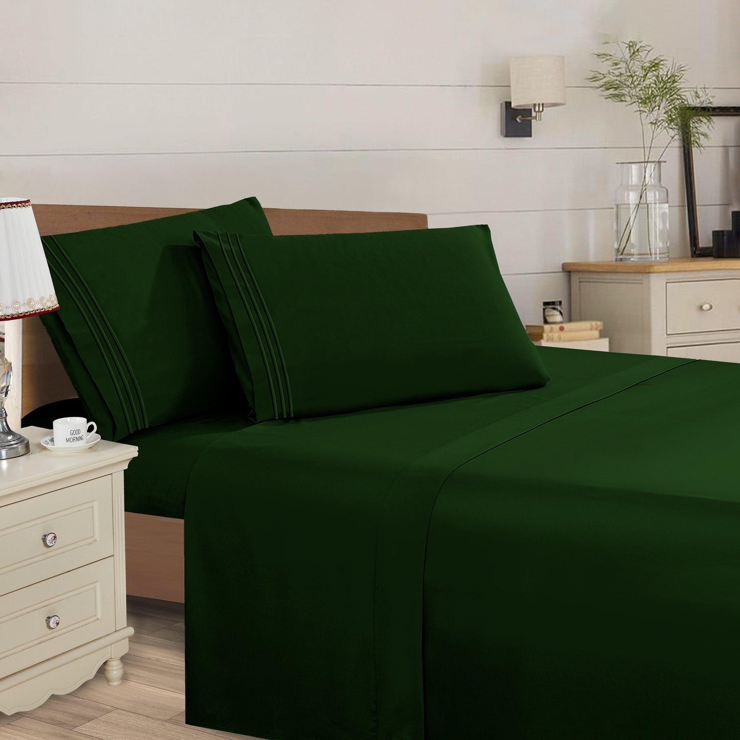 Elegant Comfort Essential 4-Piece 3-Line Embroidery Sheet Set, Soft as a Hotel Premium Quality,  Moody Shades