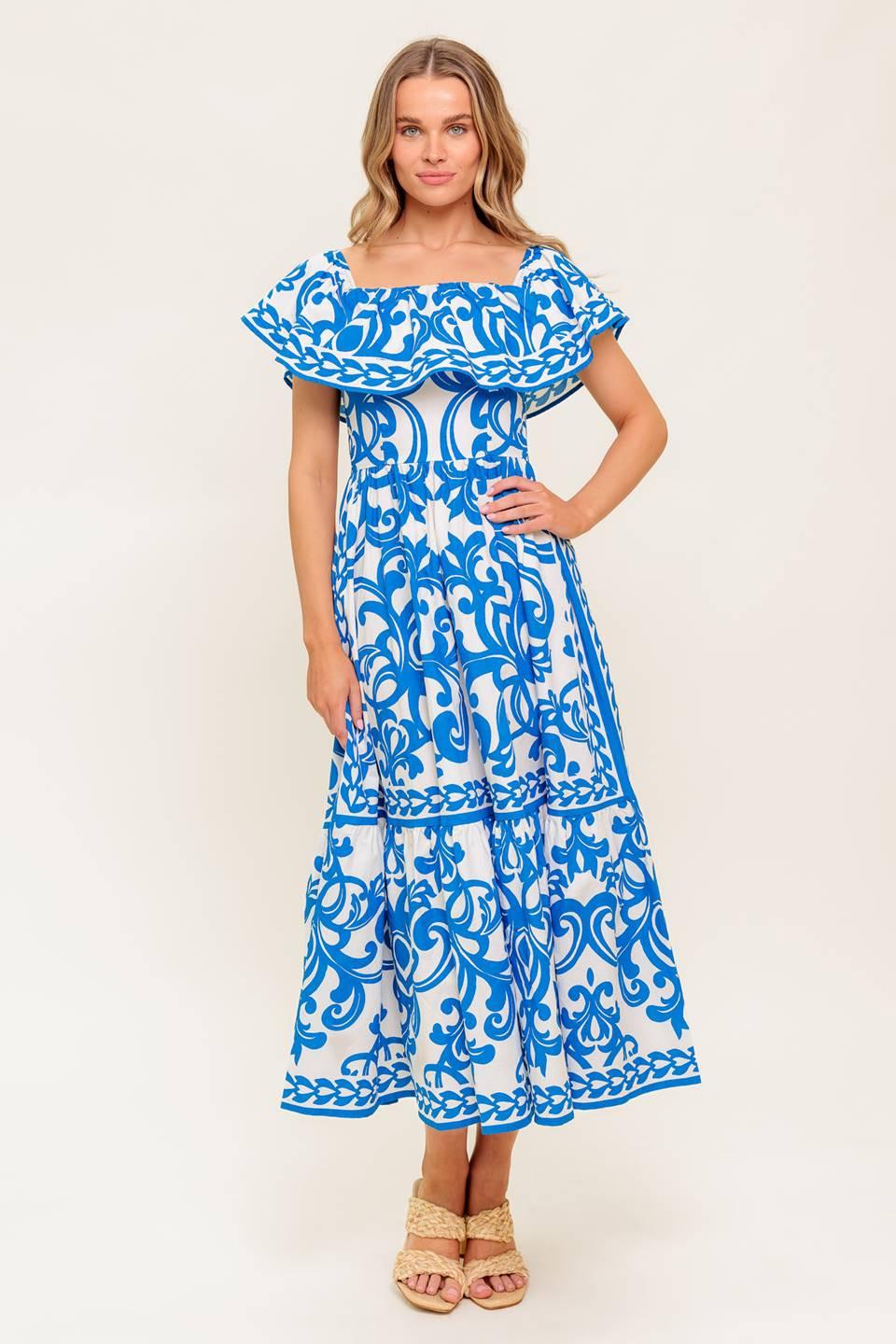 Bloom Serenade Blue Woven Midi Dress