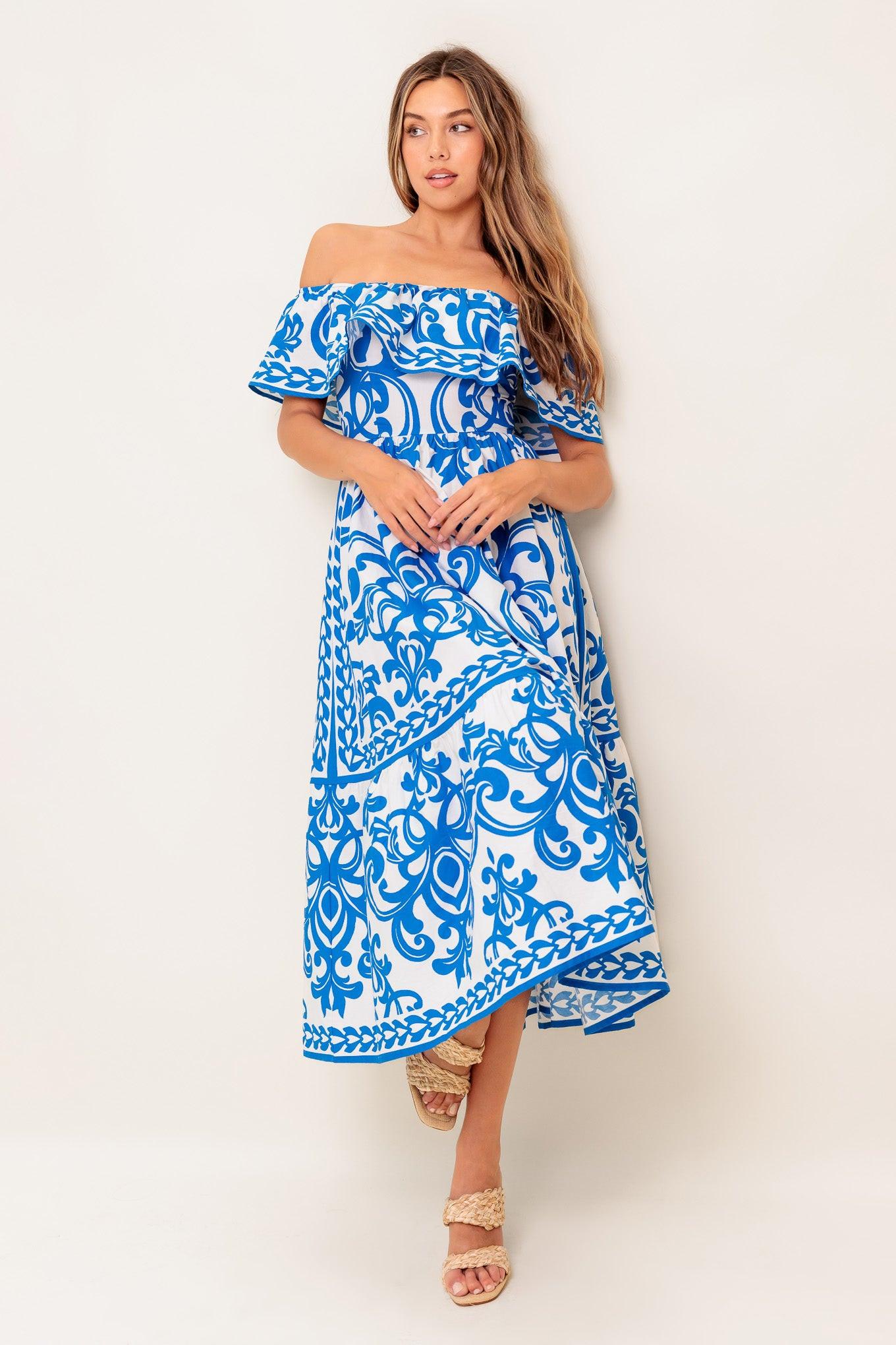 Bloom Serenade Blue Woven Midi Dress