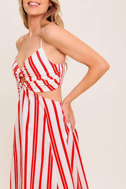 Dream Petals Red Stripe Woven Ankle Dress