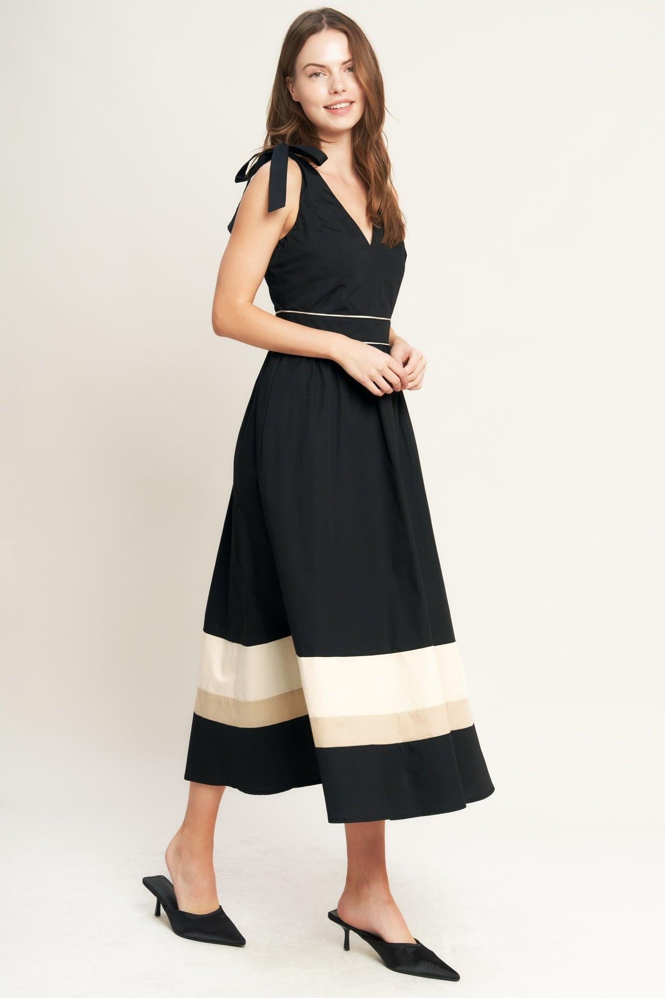 Forest Charm Black Cream Woven Midi Dress