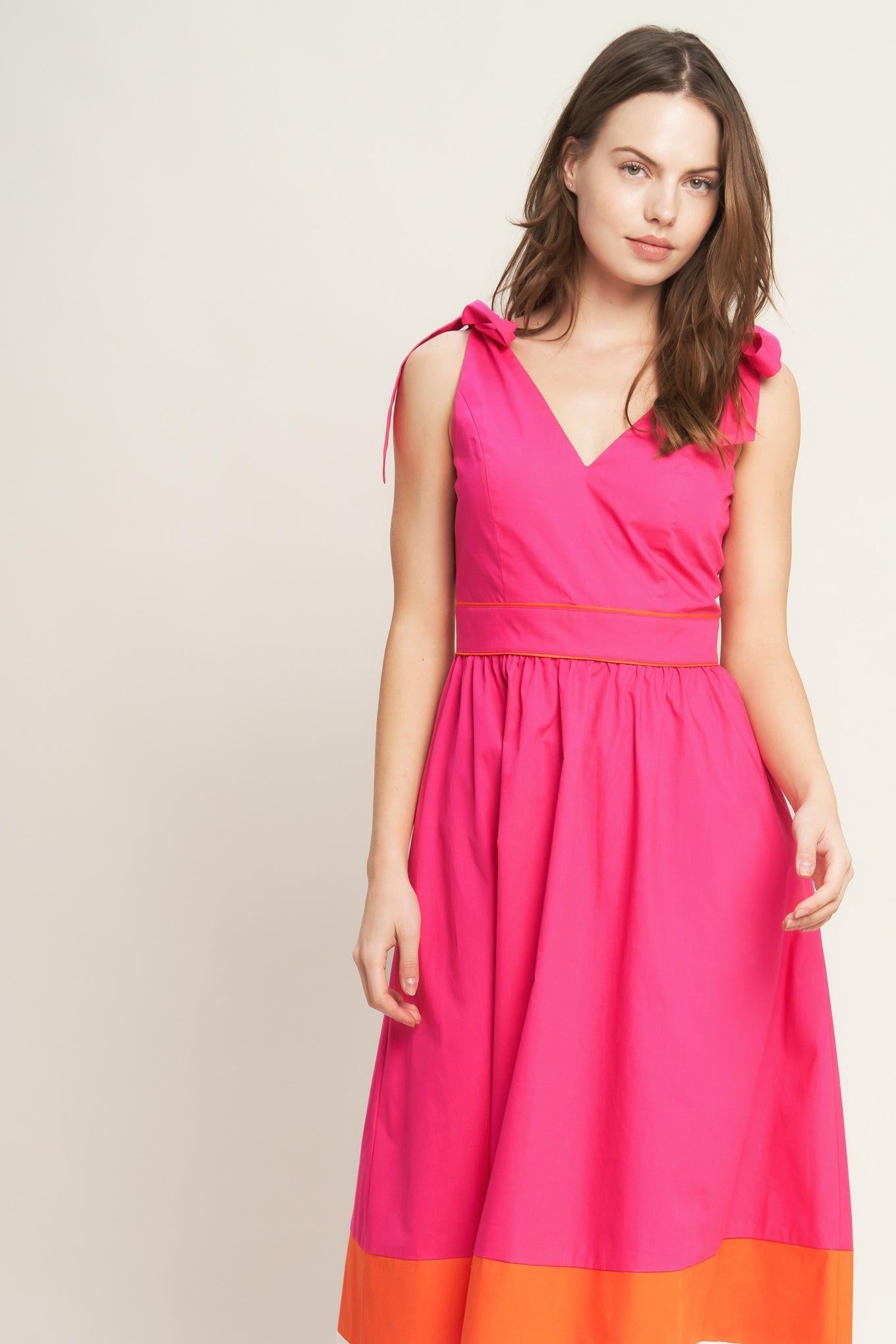 Forest Charm Fuchsia Orange Woven Midi Dress