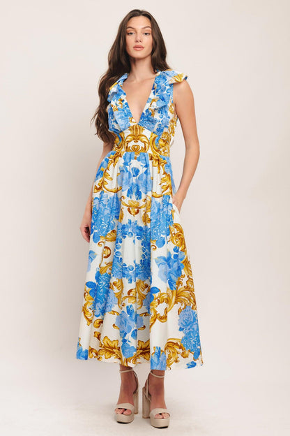 Baroque Bloom Woven Midi Dress