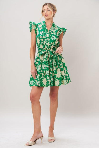 Emerald Bloom Woven Mini Dress