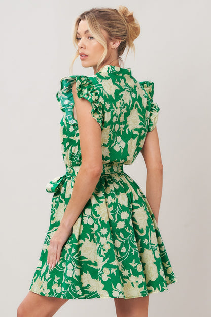 Emerald Bloom Woven Mini Dress
