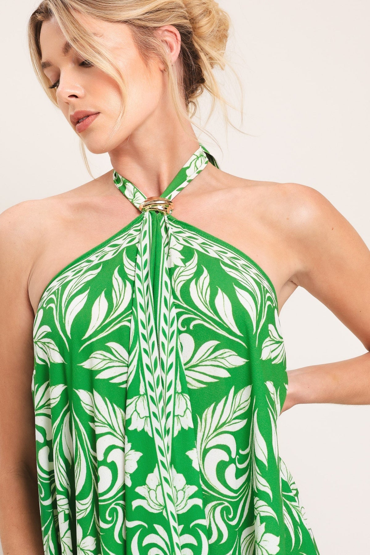 Emerald Bloom Woven Midi Scarf Dress