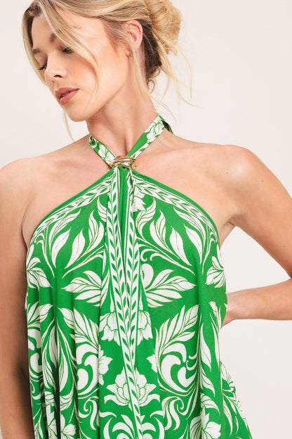 Emerald Bloom Woven Midi Scarf Dress