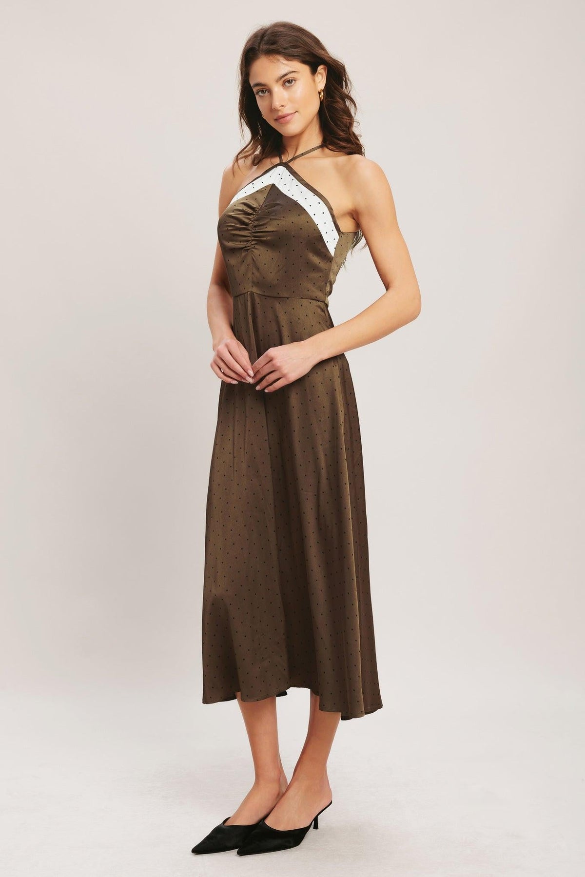 Espresso Chic Woven Satin Midi Dress
