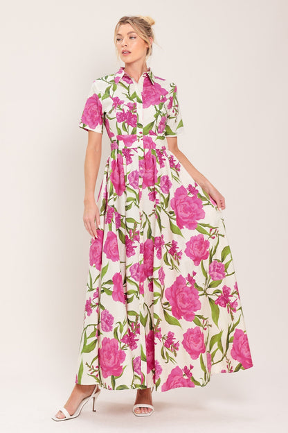 Blooming Rose Woven Maxi Shirt Dress