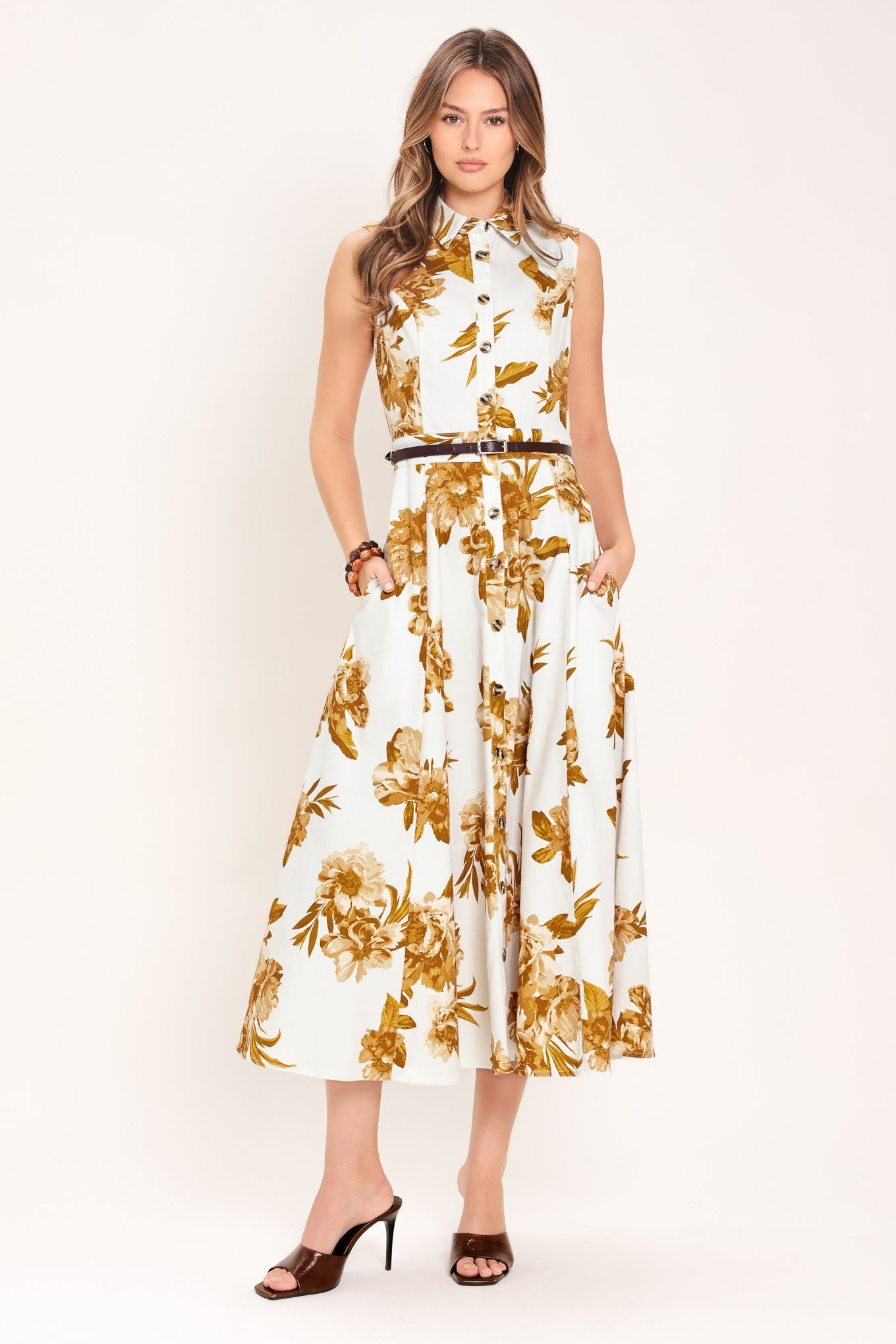 Golden Petals Woven Midi Dress