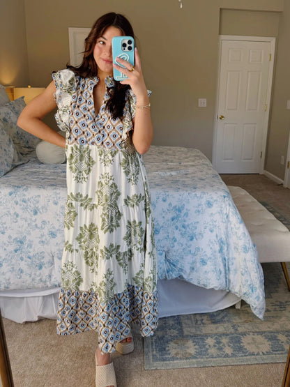 Women's Casual Printed Ruffle Sleeve Midi Dress