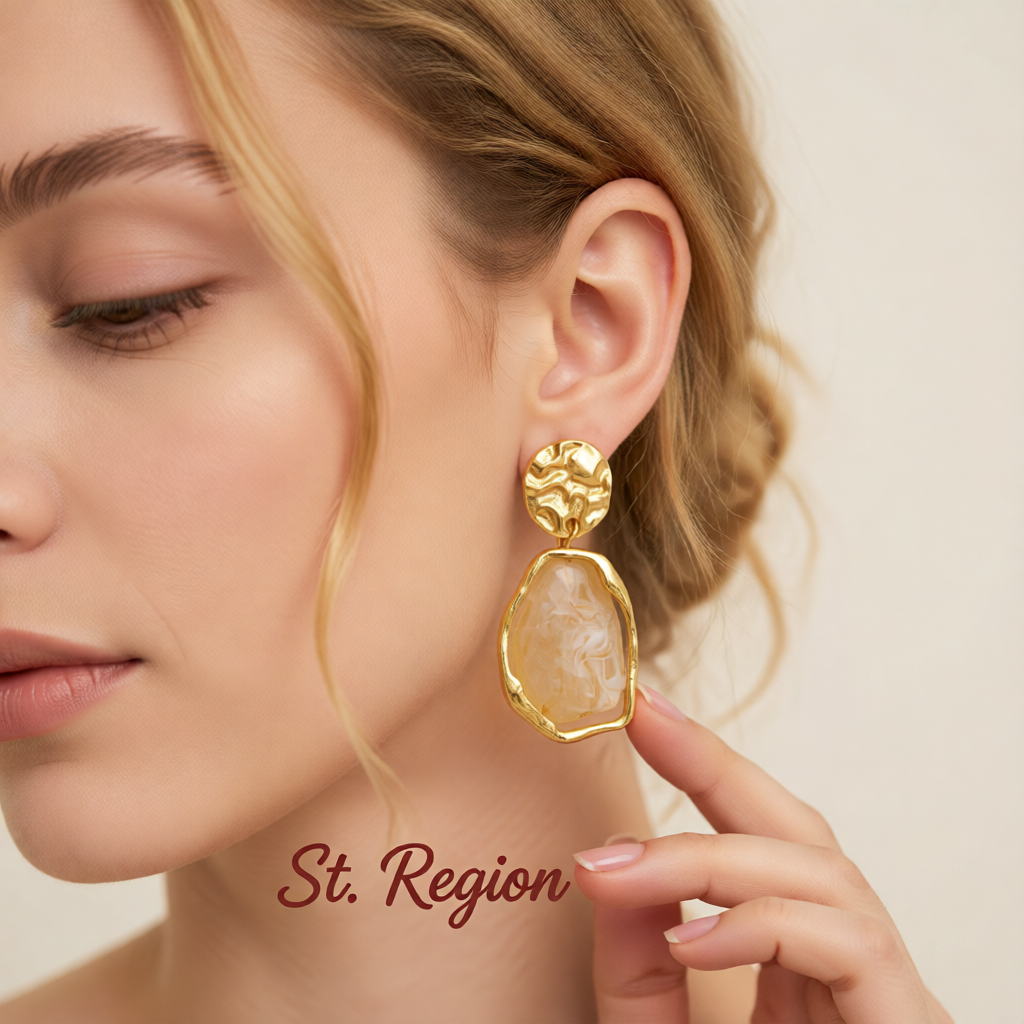 Beige Resin & Goldtone Hammered Stacked Irregular Dangle Earrings
