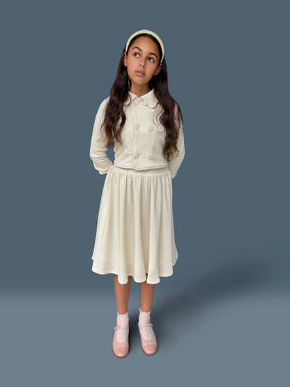 Cream Textured Knit Cropped Blazer Skirt Set_Girls