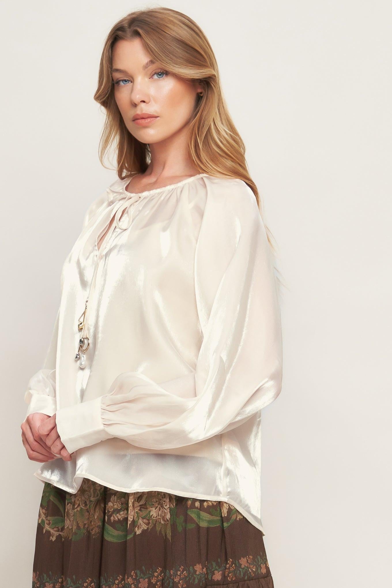 Eternal Pearl Charm Woven Peasant Top
