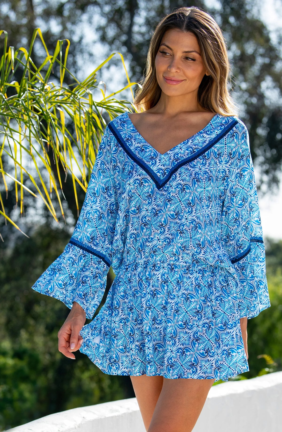 La Blanca Bell Sleeve Drawstring Waist Cover-Up Tunic - Costa Azul