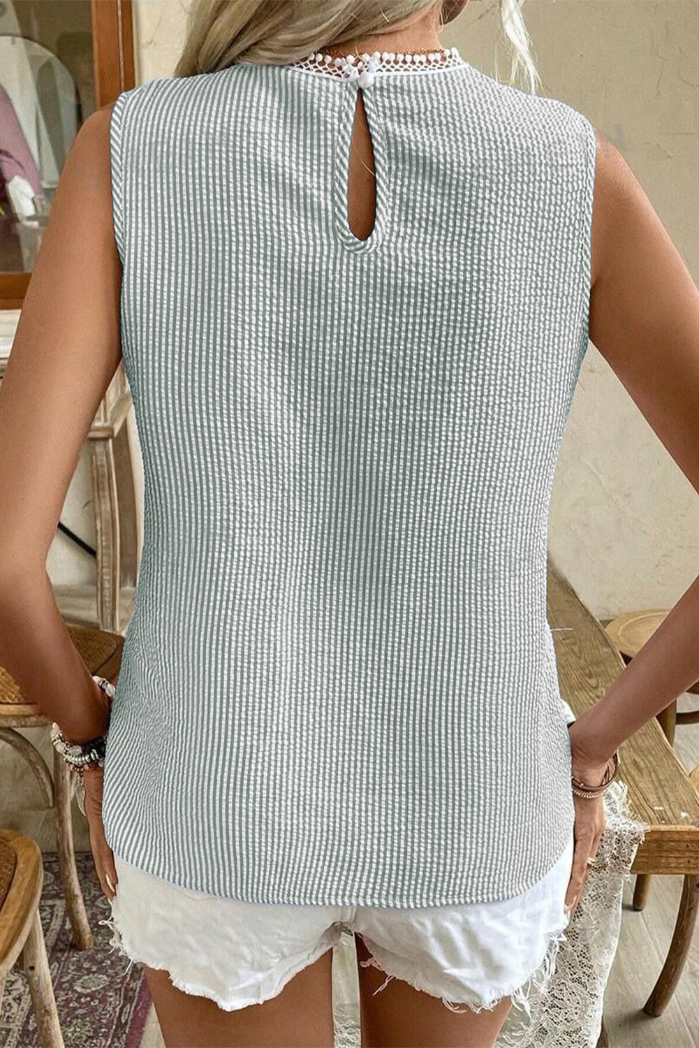 Claudia-Green Stripe Lace Patchwork Crew Neck Tank Top