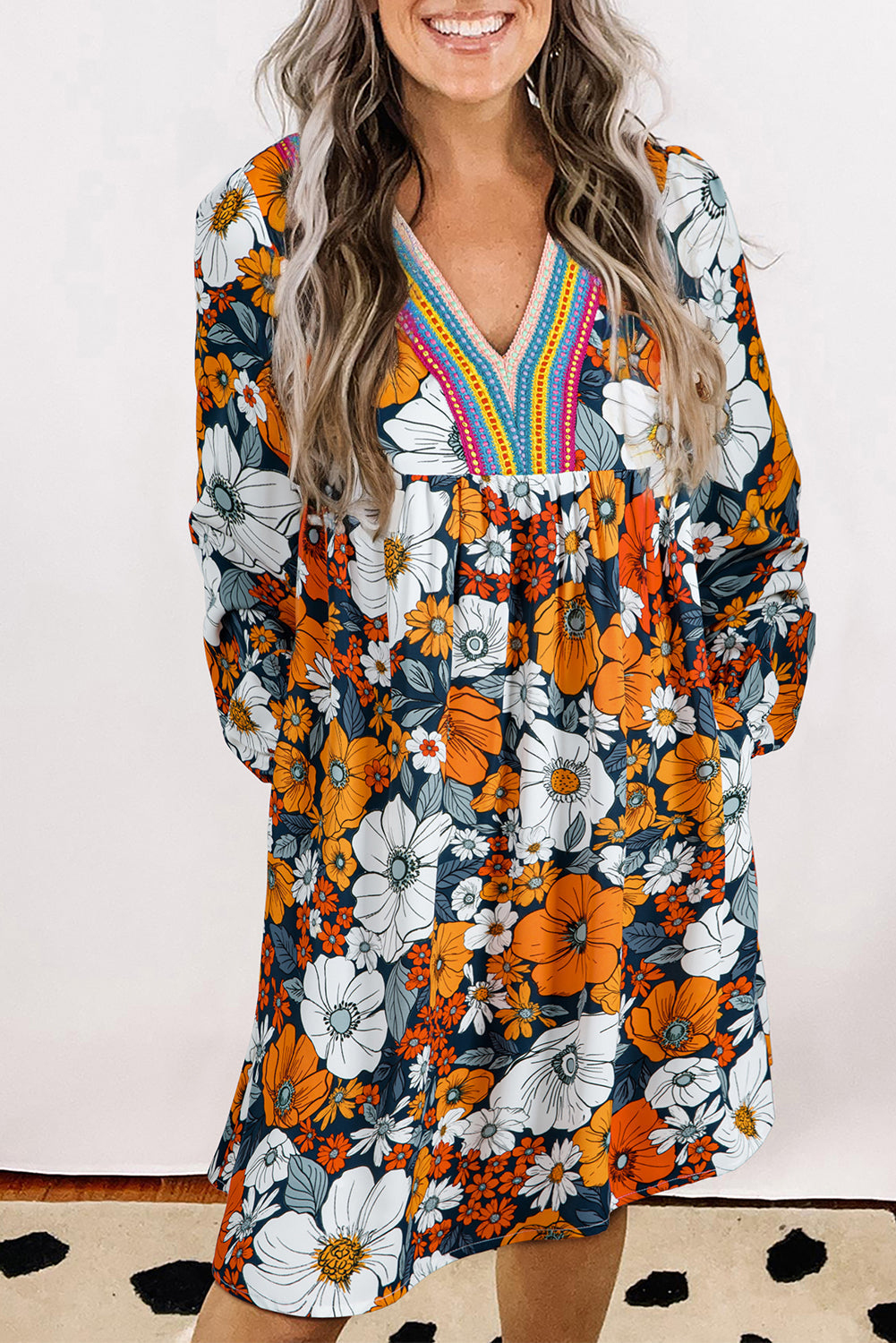 Brookelyn - Orange Floral Print Striped Lace V Neck Long Sleeve Mini Dress