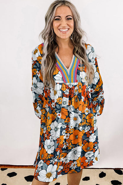 Brookelyn - Orange Floral Print Striped Lace V Neck Long Sleeve Mini Dress