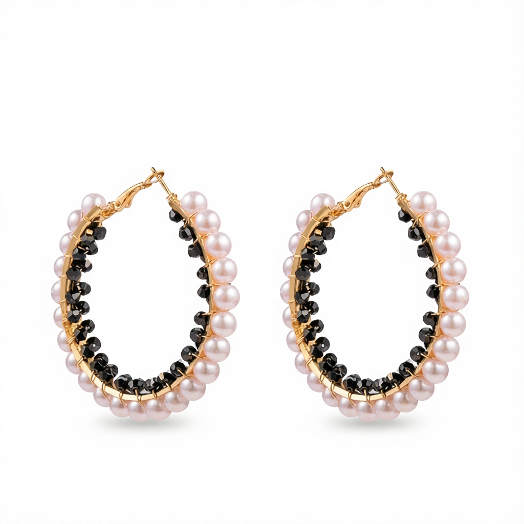 Black Acrylic & Pearl Goldtone Hoop Earrings