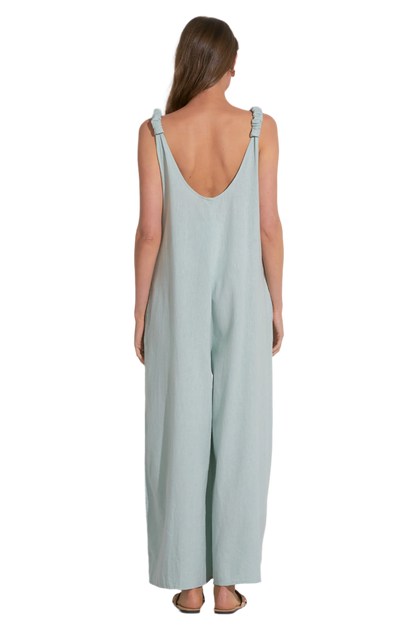 Elan V Neck Linen Tank Jumpsuit Romper - Light Teal - FINAL SALE