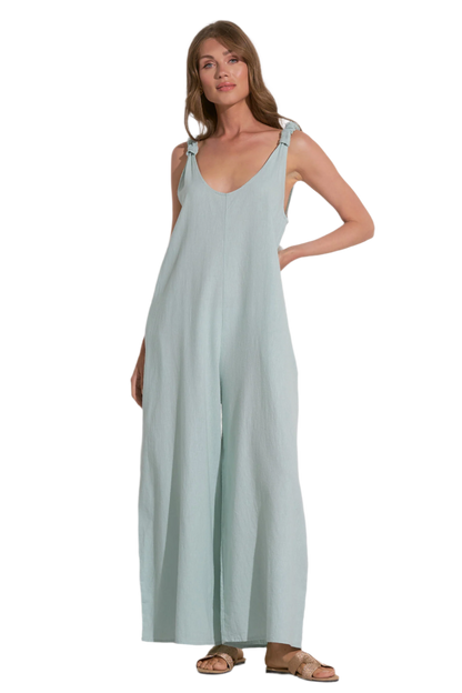 Elan V Neck Linen Tank Jumpsuit Romper - Light Teal - FINAL SALE