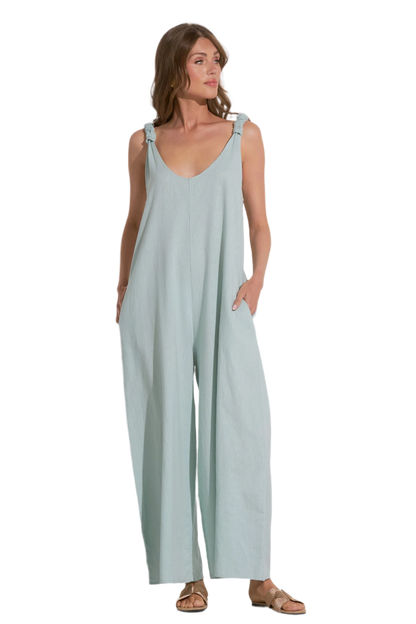 Elan V Neck Linen Tank Jumpsuit Romper - Light Teal - FINAL SALE
