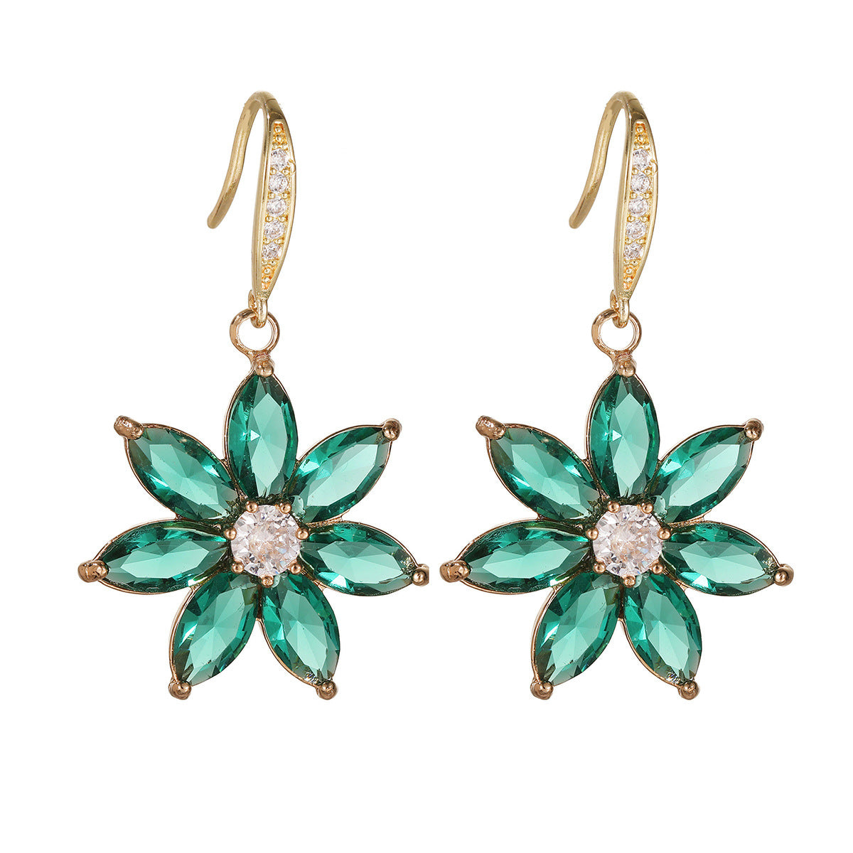 Emerald Crystal & Cubic Zirconia Goldtone Flower Hook Earrings