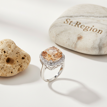 Champagne Crystal & Cubic Zirconia Halo Cushion-Cut Ring