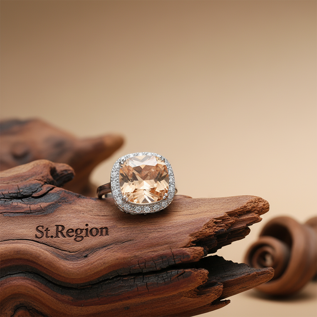 Champagne Crystal & Cubic Zirconia Halo Cushion-Cut Ring