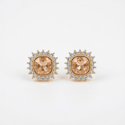 Champagne Crystal & Goldtone Square Halo Stud Earrings
