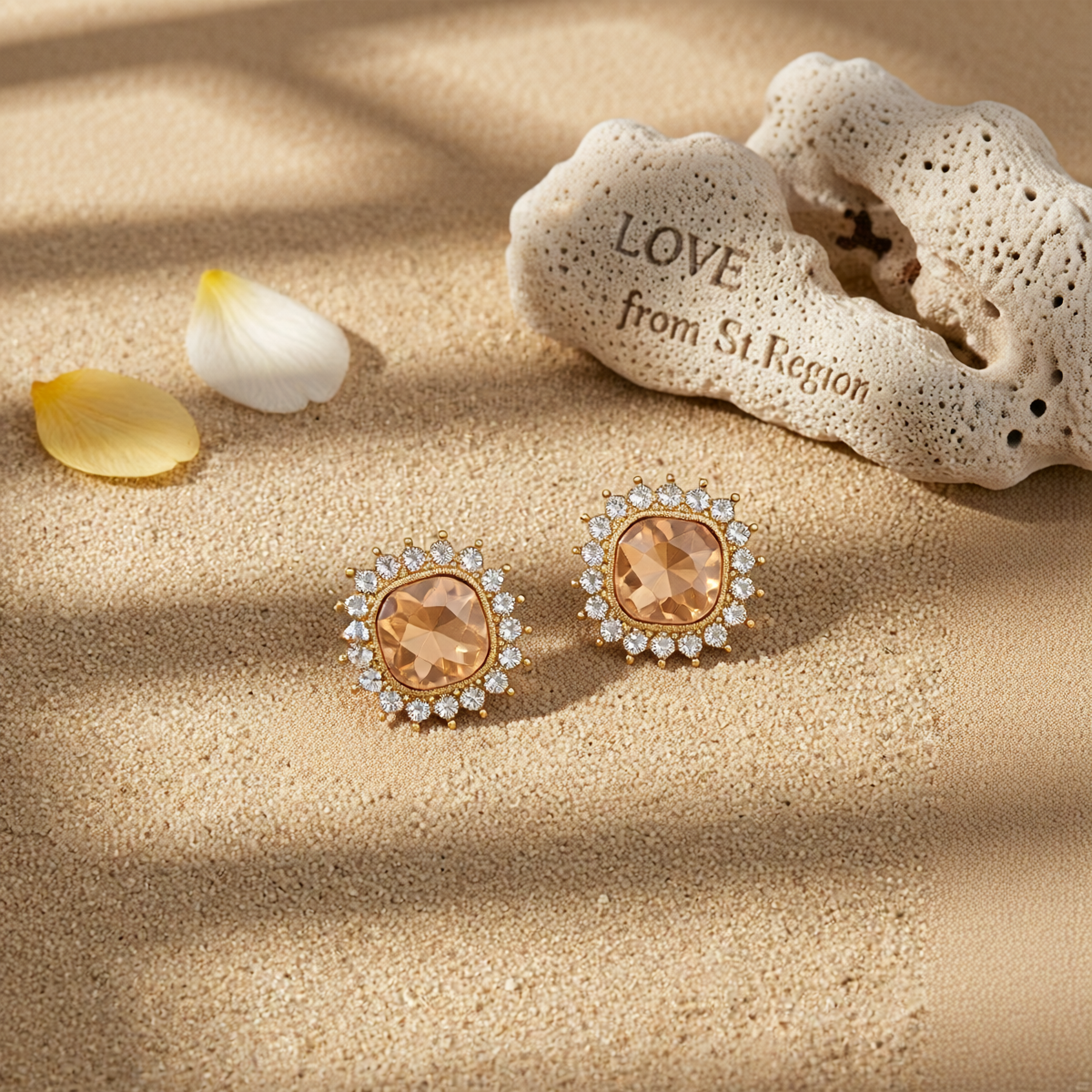 Champagne Crystal & Goldtone Square Halo Stud Earrings
