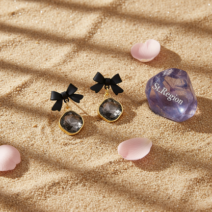 Black Crystal & Goldtone Bow Diamond Drop Earrings