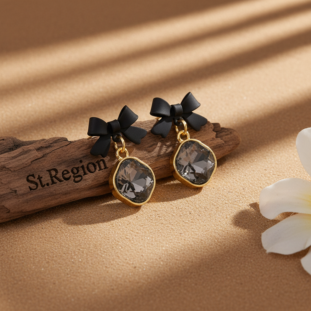 Black Crystal & Goldtone Bow Diamond Drop Earrings