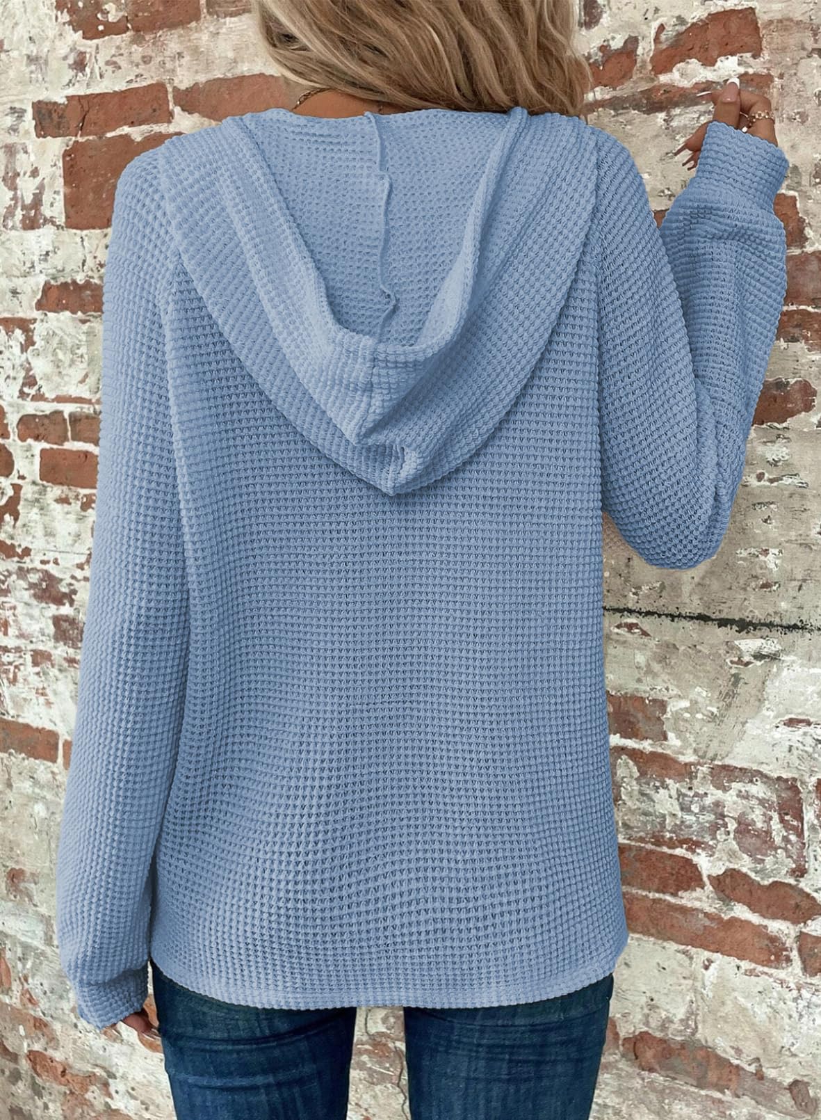 Women's Waffle Knit Drawstring Button V Neck Hooded Sweatshirt(buy 2 free shipping)