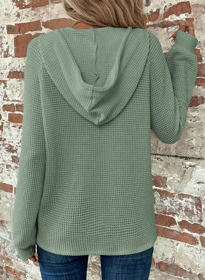 Women's Waffle Knit Drawstring Button V Neck Hooded Sweatshirt(buy 2 free shipping)