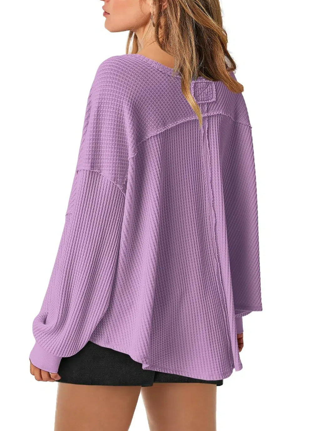 Women's Waffle Knit Oversized V Neck Batwing Long Sleeve Tops