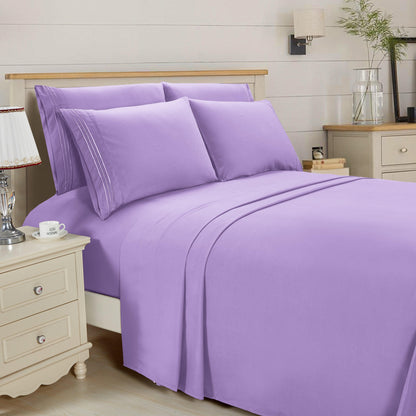 Elegant Comfort Essential 6-Piece 3-Line Embroidery Sheet Set, Soft as a Hotel Premium Quality, Bright Shades