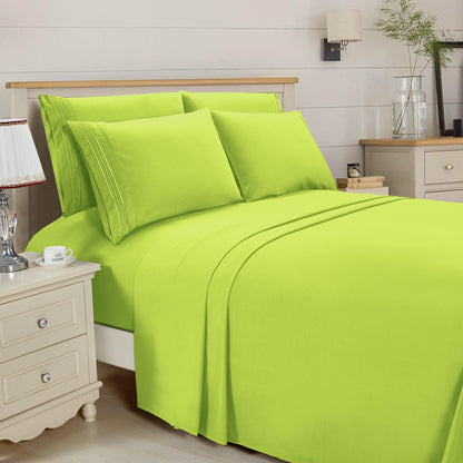 Elegant Comfort Essential 6-Piece 3-Line Embroidery Sheet Set, Soft as a Hotel Premium Quality, Bright Shades