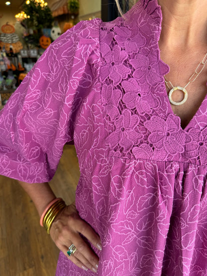 V-neck puff sleeve lace midi skirt (Buy 2 Free Shipping)