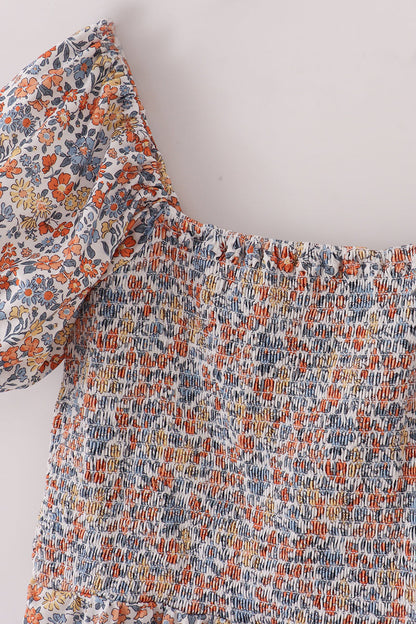 Fall floral print smocked mom dress