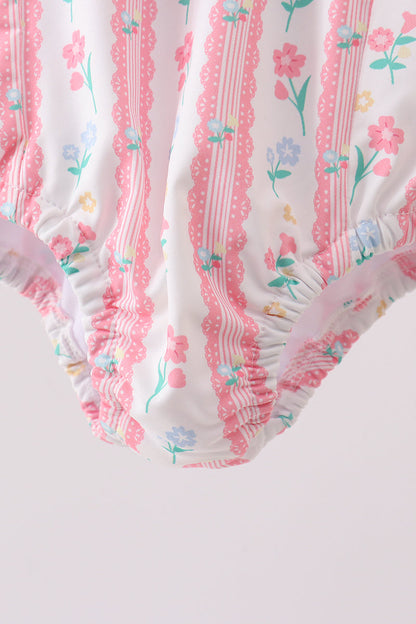 Blush floral print ruffle bow swimsuit