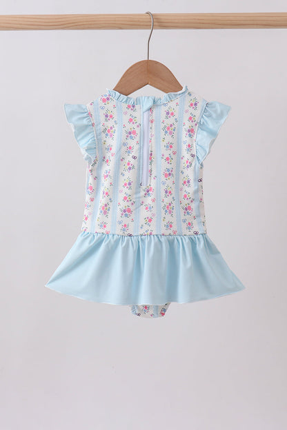 Blue floral ruffle one-piece swimsuit