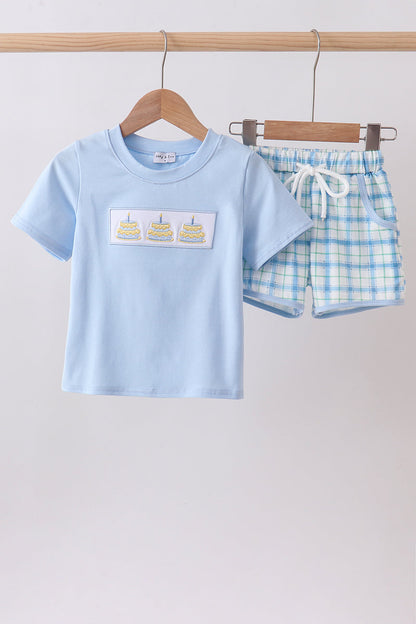 Blue birthday cake smocked plaid shorts set