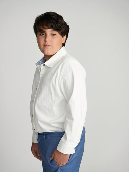 Blue Buttons Long Sleeve Dress Shirt with Paisley Contrast