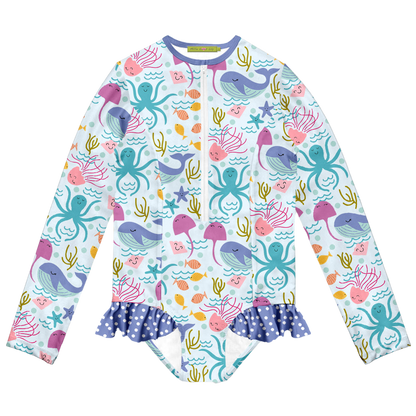 Millie Loves Lily Girls Swim One-Piece Rashguard - Ice Blue Sea Creatures - FINAL SALE