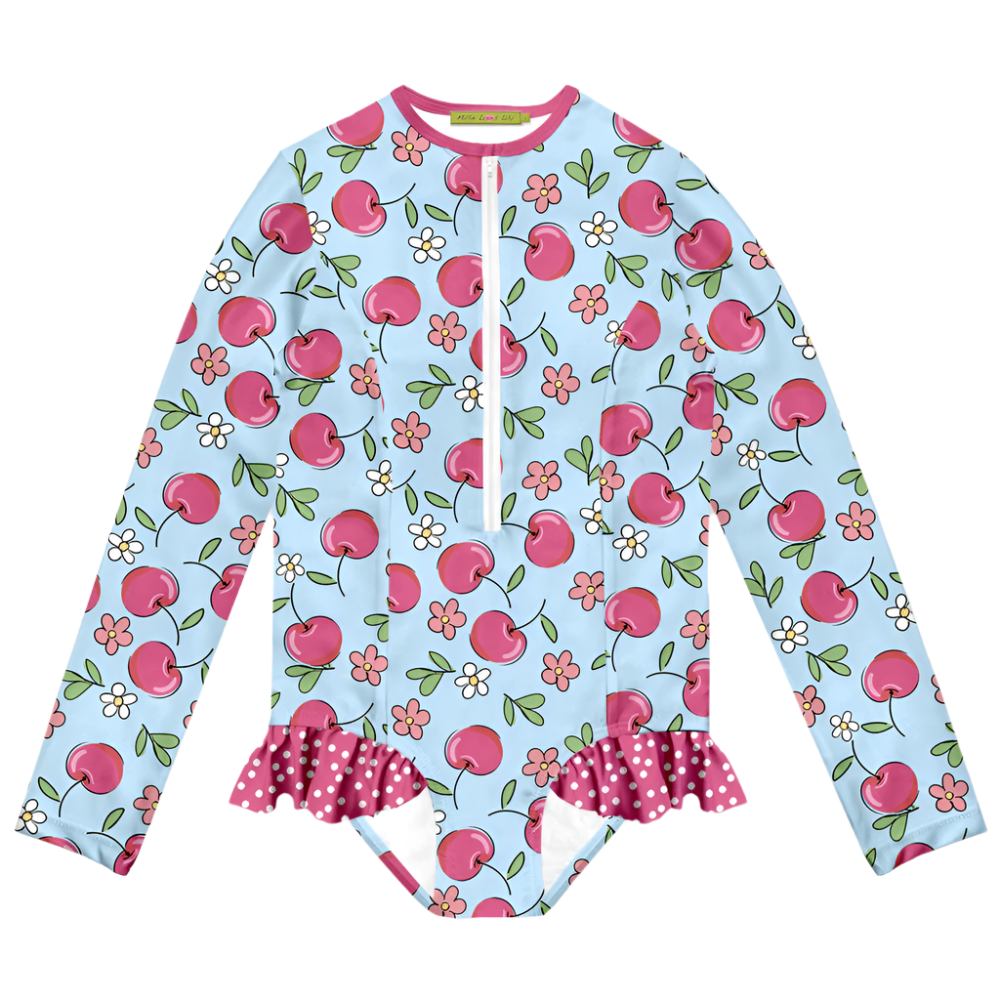 Millie Loves Lily Girls One-Piece Rashguard Swimsuit - Ice Blue Cherries - FINAL SALE