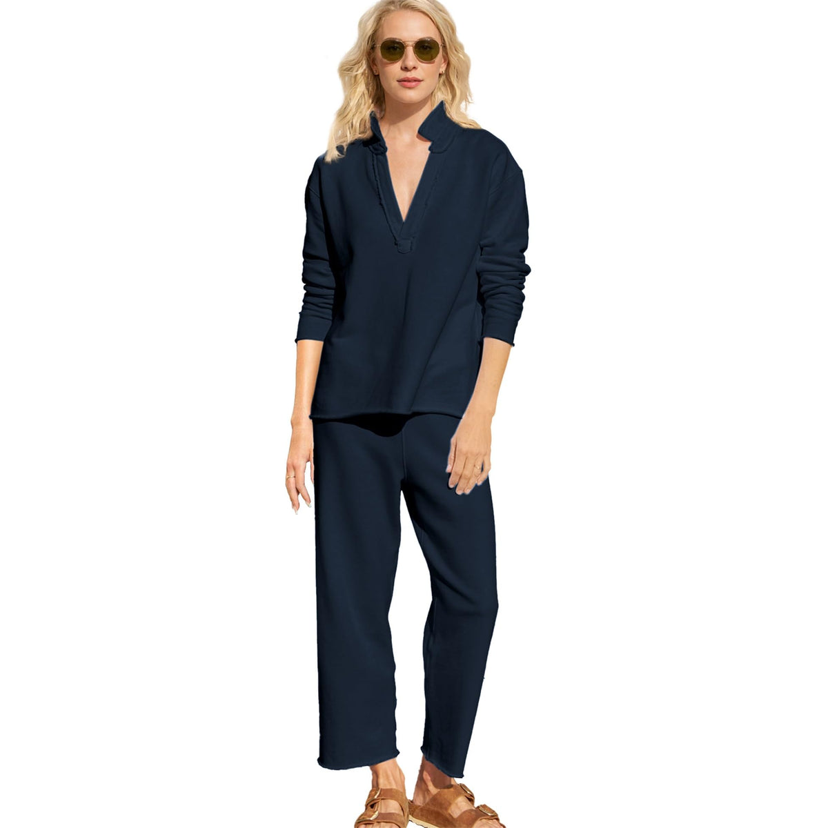 Women's V Neck Pullover Sweatshirts Wide Leg Pants Set