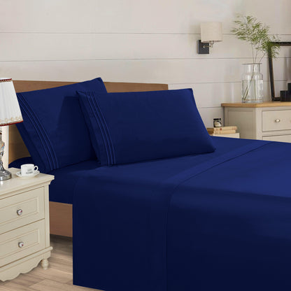 Elegant Comfort Essential 4-Piece 3-Line Embroidery Sheet Set, Soft as a Hotel Premium Quality,  Moody Shades