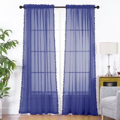 Elegant Comfort Set of 2 Pom Pom Tasseled Sheer Curtain - Rod Pocket