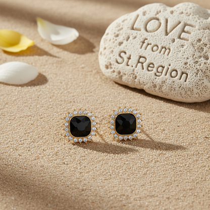 Black Crystal & Goldtone Square Halo Stud Earrings